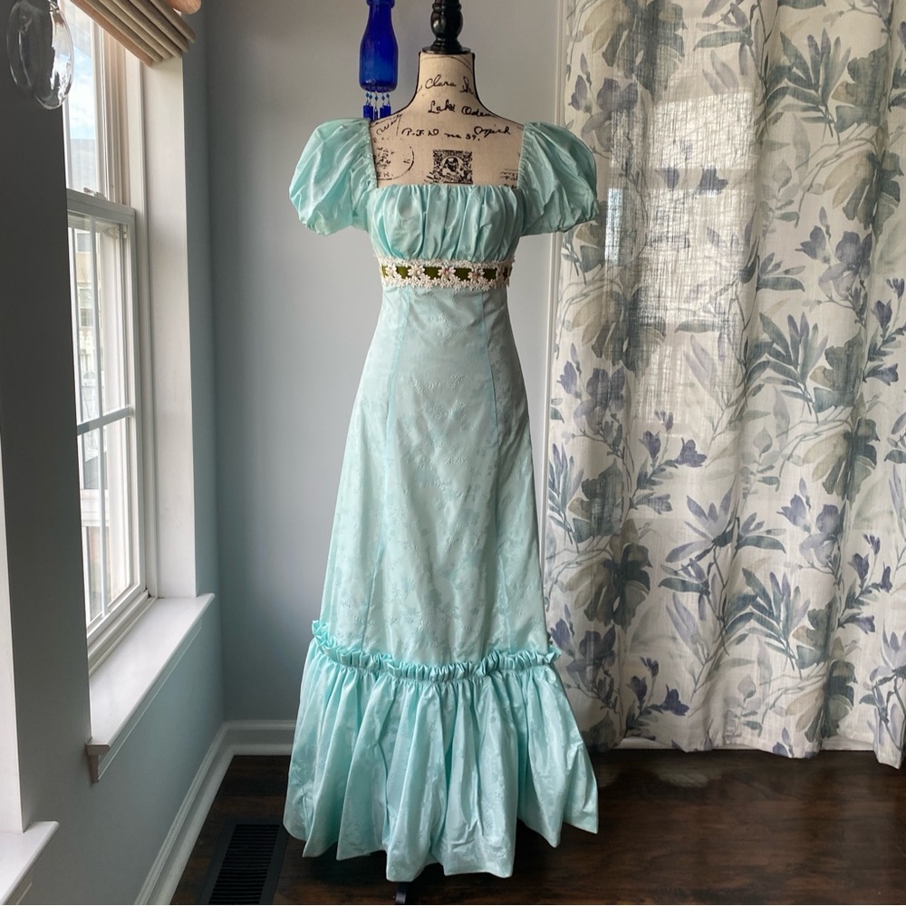 Vintage 1970s Empire Waist Regency Bridgerton Style Aqua Formal Gown